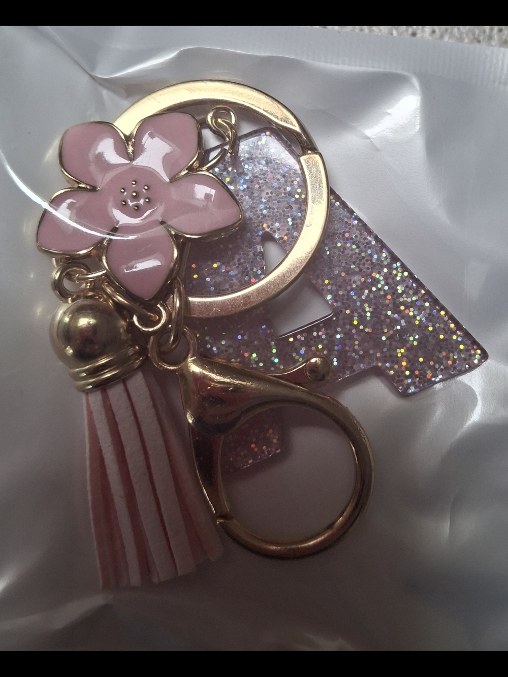 Pink Flower Tassel Keychain Charm with Glitter Initial